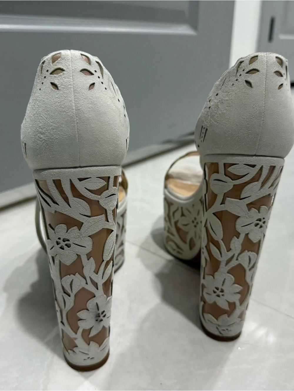 Christian Louboutin White Floral Cutout Platform Sandals